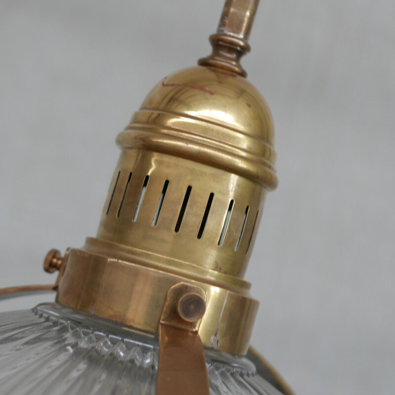 Vintage brass and glass holophane style pendant lamp, France 1970s