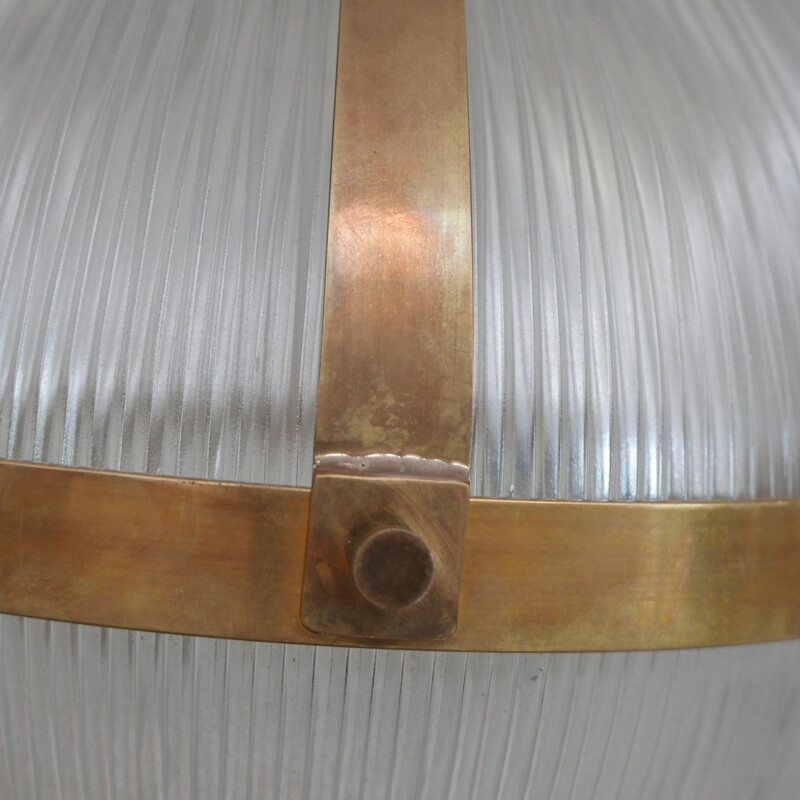 Vintage brass and glass holophane style pendant lamp, France 1970s