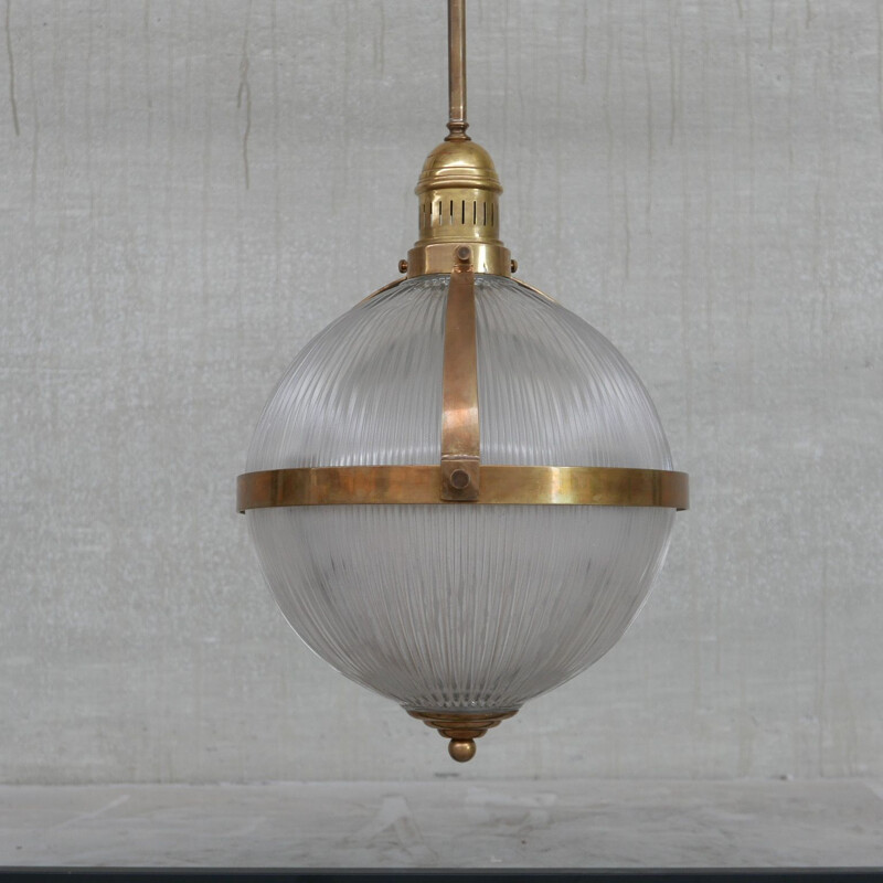 Vintage brass and glass holophane style pendant lamp, France 1970s