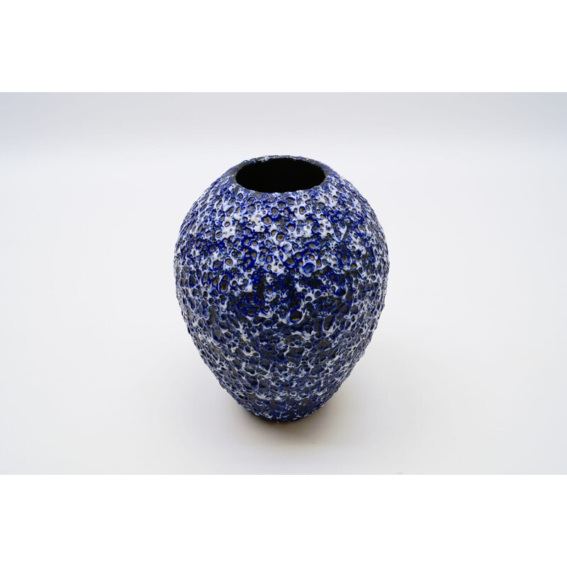 Vase allemand vintage en lave grasse bleu et blanc par Es Keramik, 1950