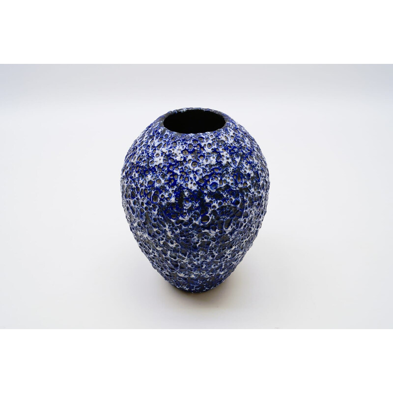 Vintage German blue & white fat lava vase by Es Keramik, 1950s