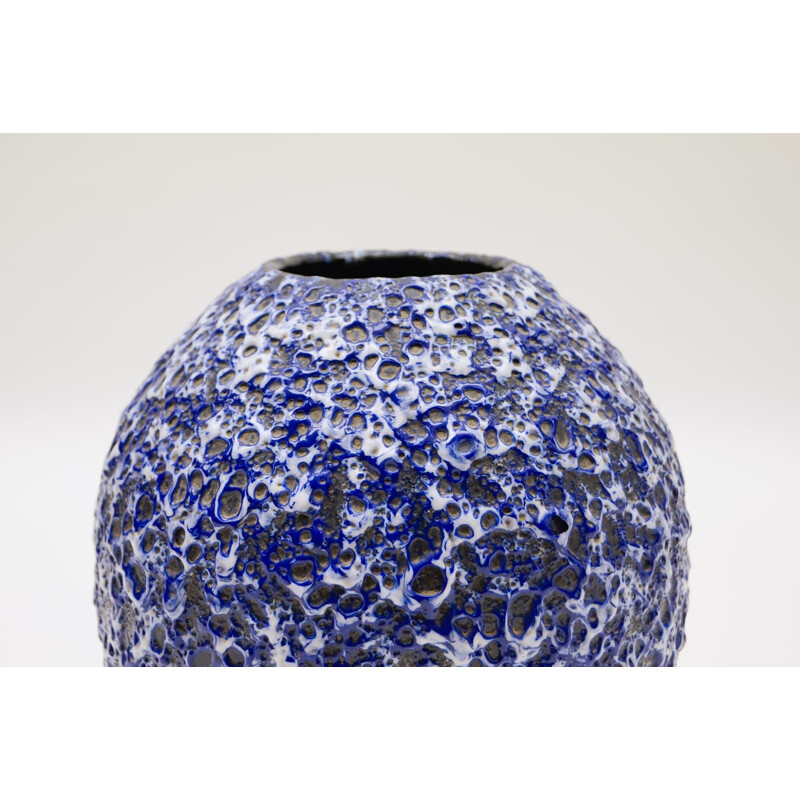 Vintage German blue & white fat lava vase by Es Keramik, 1950s