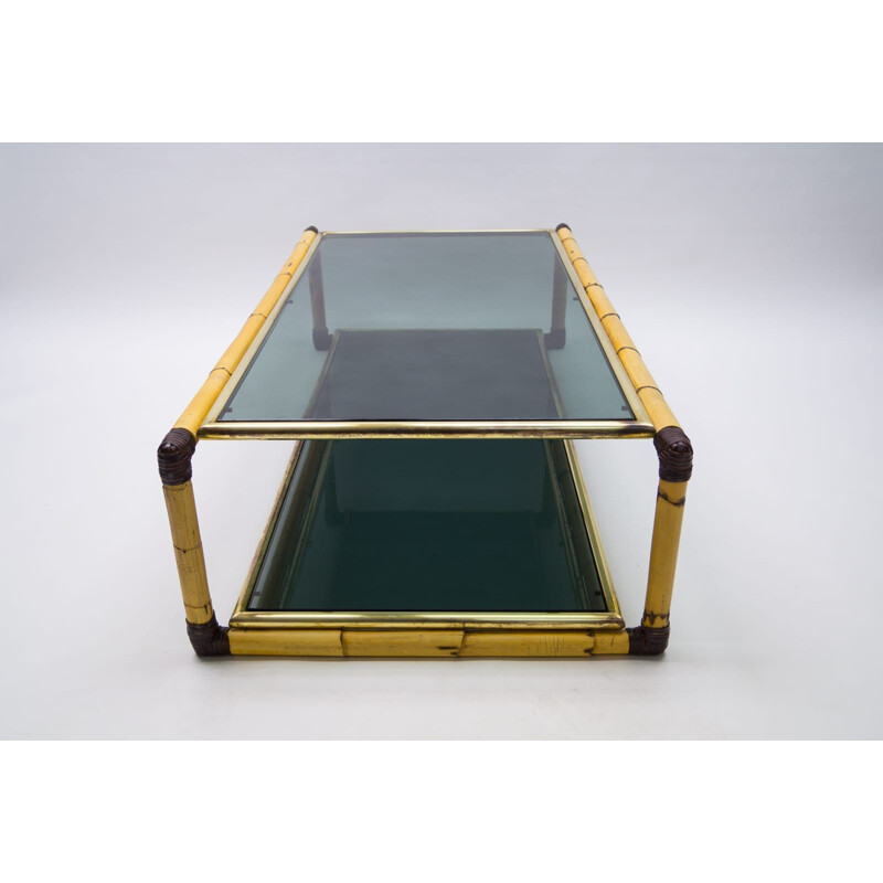 Vintage coffee table in bamboo and smoked glass, Italy 1960