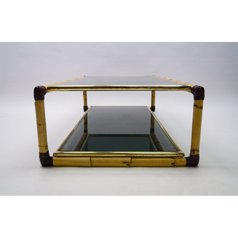 Vintage coffee table in bamboo and smoked glass, Italy 1960