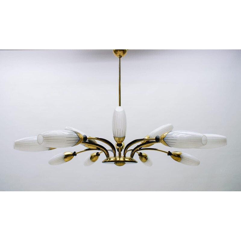 Vintage brass and glass sputnik suspension with 12 arms, Italy 1950