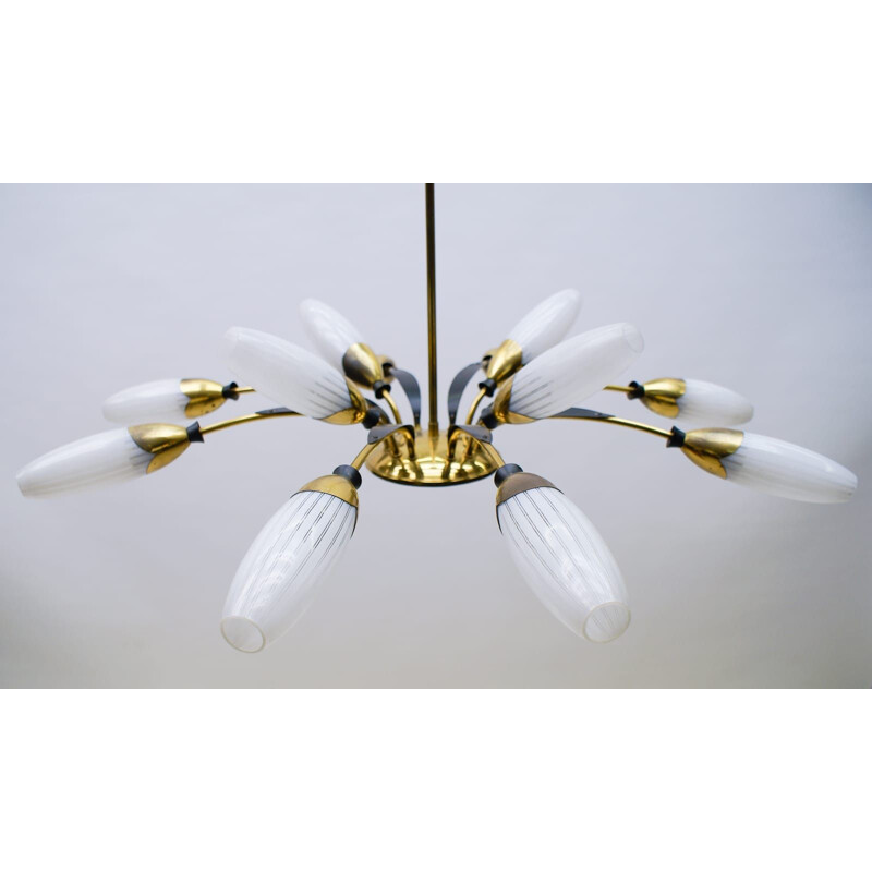 Vintage brass and glass sputnik suspension with 12 arms, Italy 1950