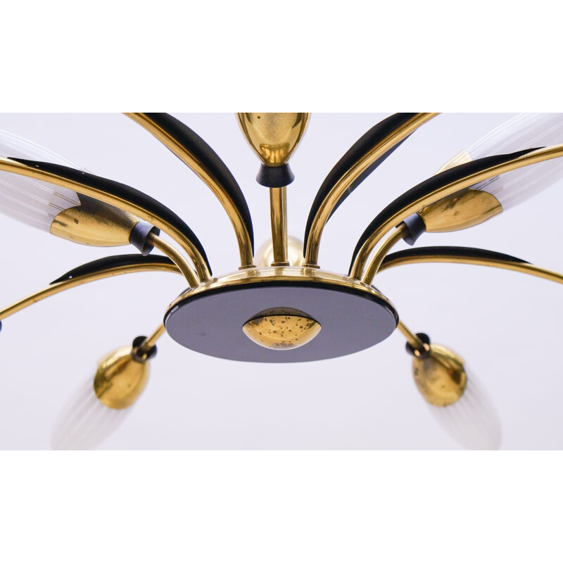 Vintage brass and glass sputnik suspension with 12 arms, Italy 1950