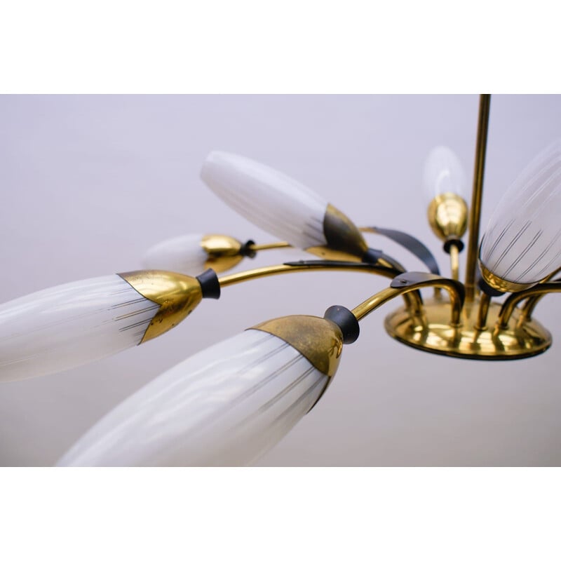 Vintage brass and glass sputnik suspension with 12 arms, Italy 1950