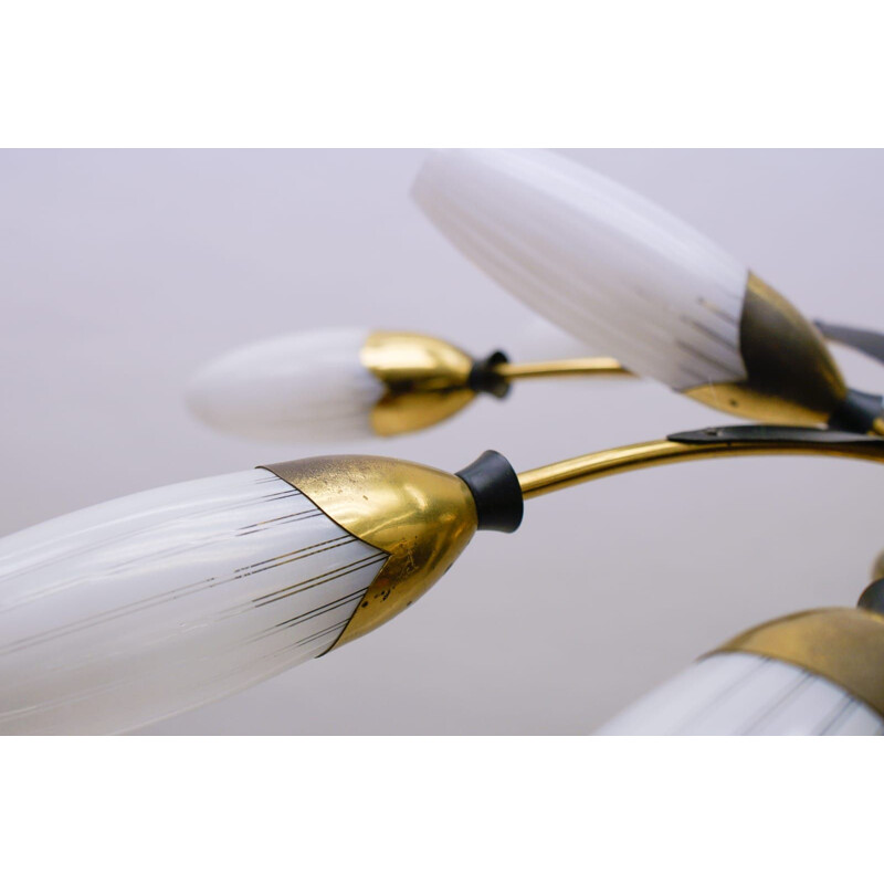 Vintage brass and glass sputnik suspension with 12 arms, Italy 1950