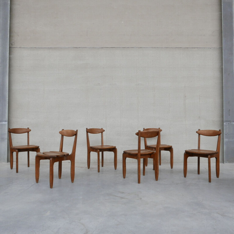 Set of 6 vintage "Thierry" oak chairs by Guillerme and Chambron, France 1960