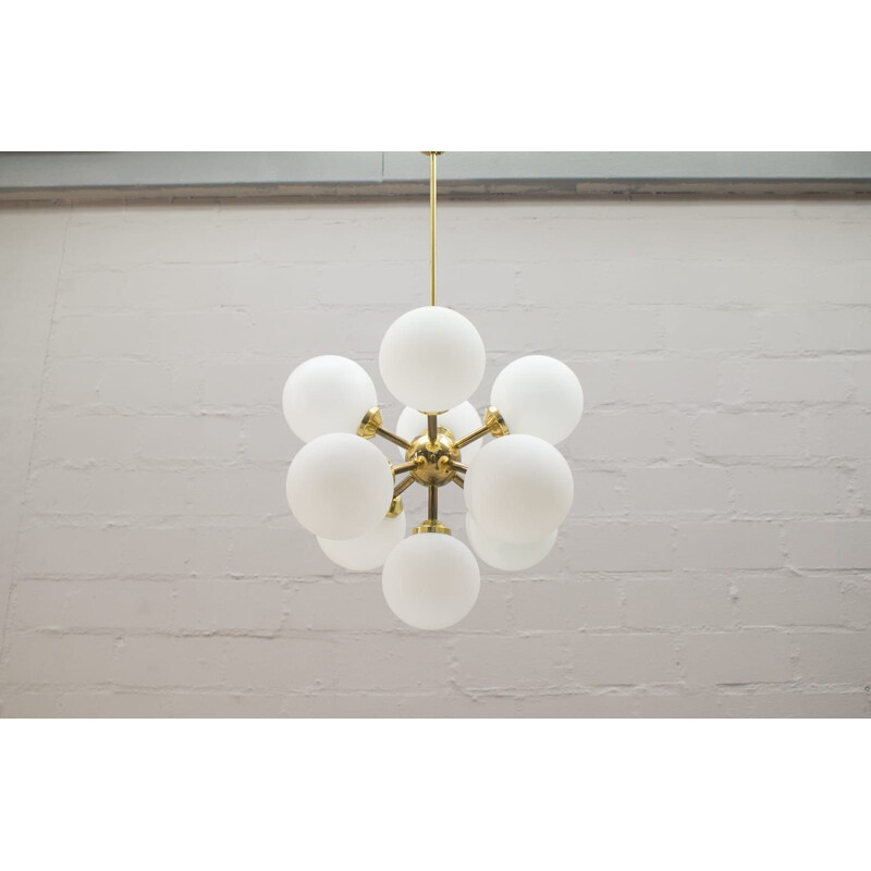 Vintage Orbit pendant lamp with 9 opaline glasses, Germany 1970s