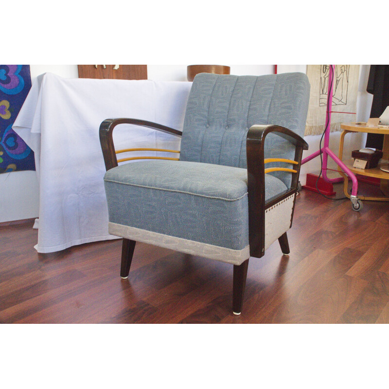 Blue grey vintage armchair with wooden "Harp" armrests, 1950s