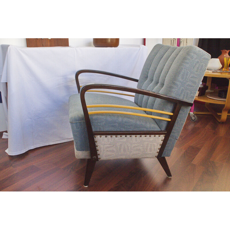 Blue grey vintage armchair with wooden "Harp" armrests, 1950s