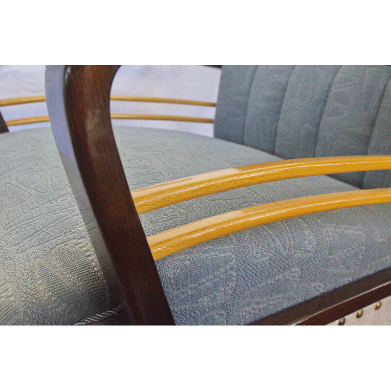 Blue grey vintage armchair with wooden "Harp" armrests, 1950s