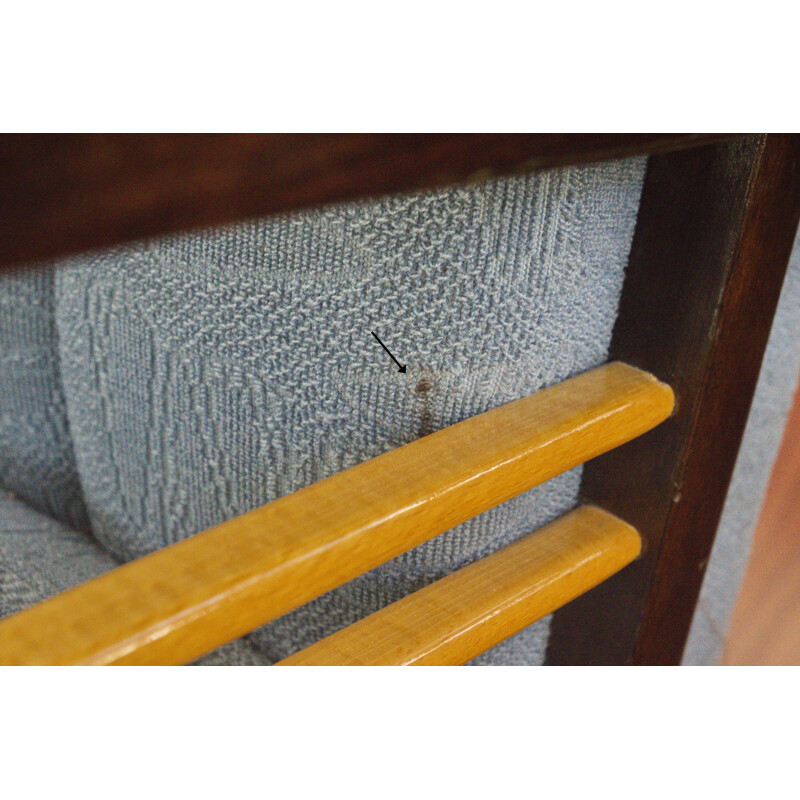 Blue grey vintage armchair with wooden "Harp" armrests, 1950s