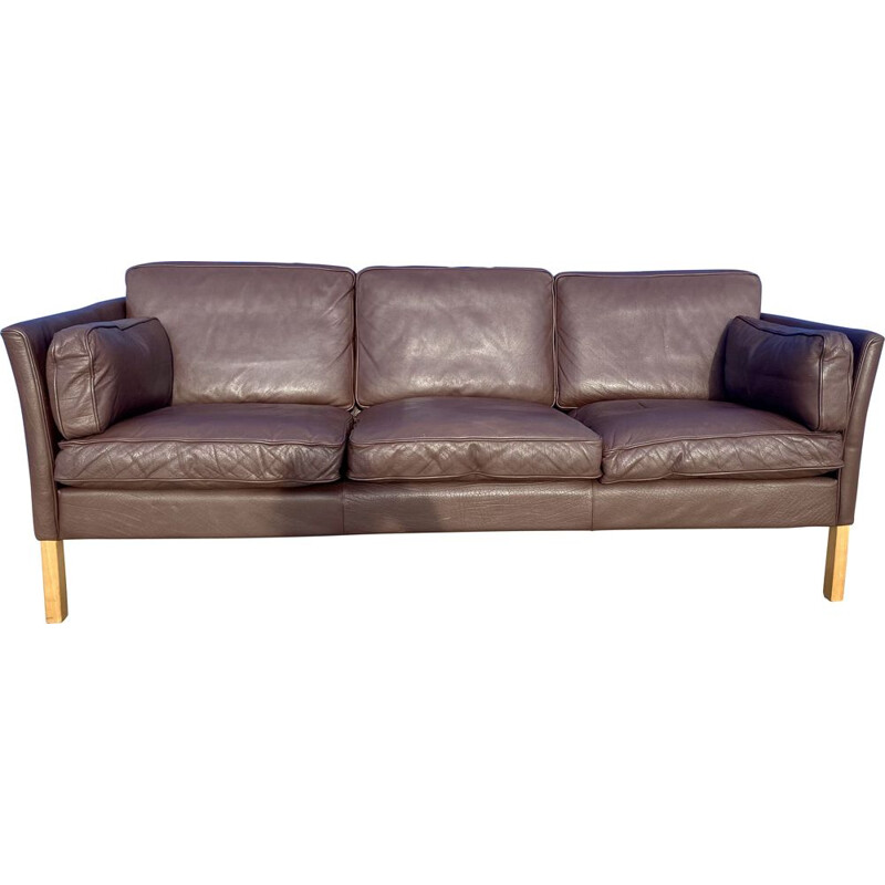 Sofá vintage danés de cuero marrón con tres asientos