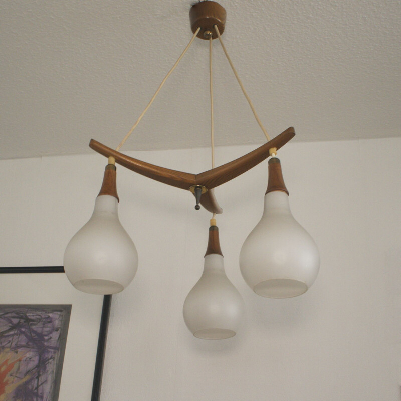 Midc entury teak pendant lamp with 3 white glasses, 1960s