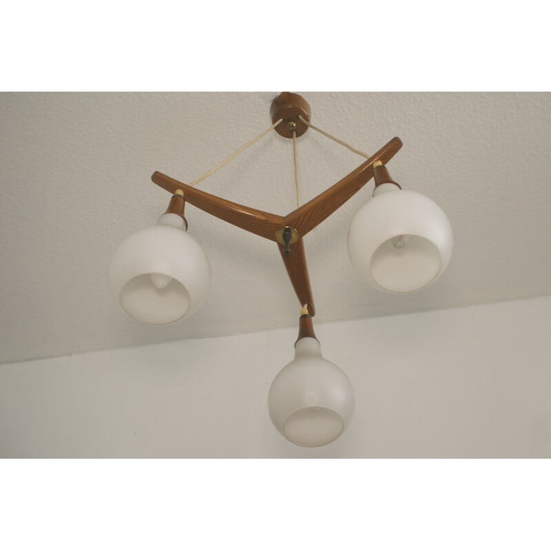 Midc entury teak pendant lamp with 3 white glasses, 1960s