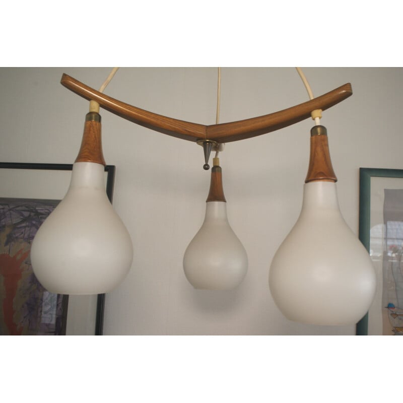 Midc entury teak pendant lamp with 3 white glasses, 1960s