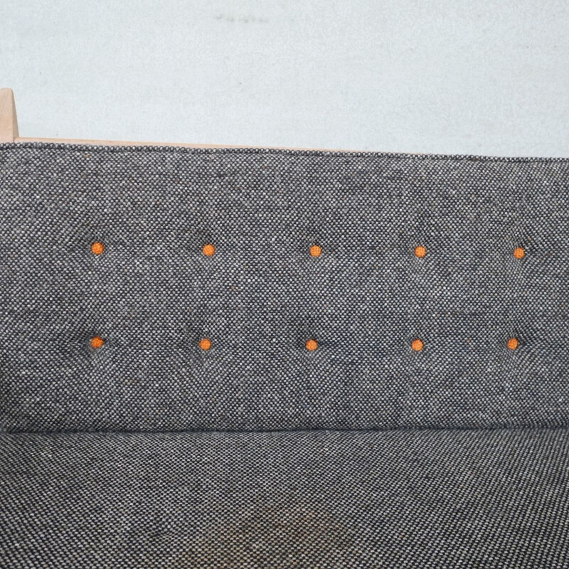 Oak mid-century French angular sofa by Guillerme et Chambron, France 1960s