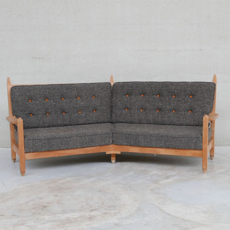 Oak mid-century French angular sofa by Guillerme et Chambron, France 1960s