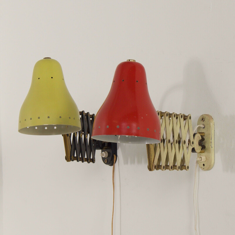 Pair of vintage scissor wall lamps in red and yellow by H. Busquet for Hala, 1960s