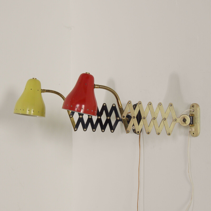 Pair of vintage scissor wall lamps in red and yellow by H. Busquet for Hala, 1960s