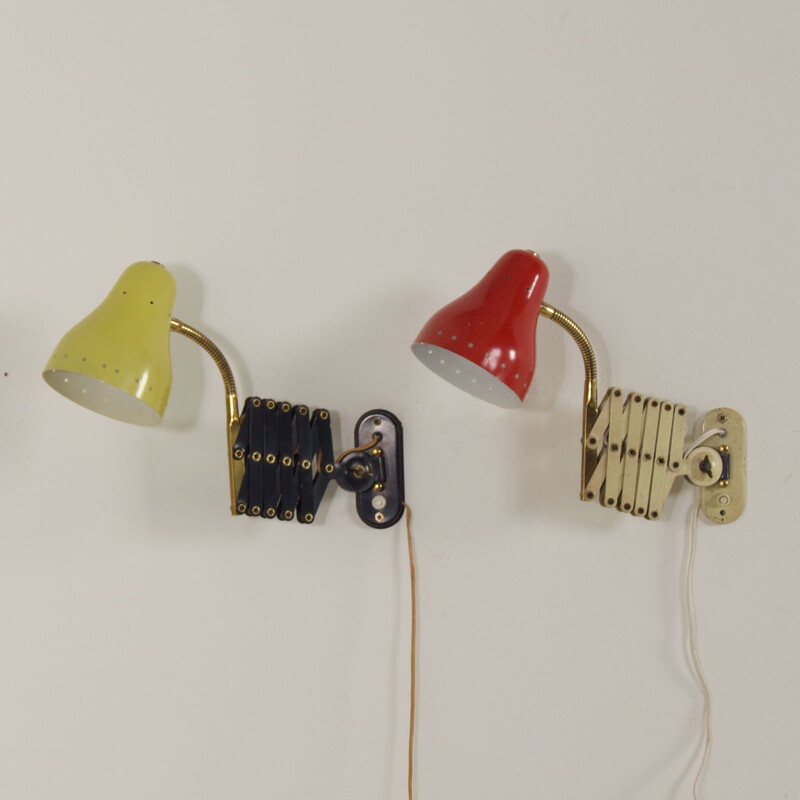 Pair of vintage scissor wall lamps in red and yellow by H. Busquet for Hala, 1960s