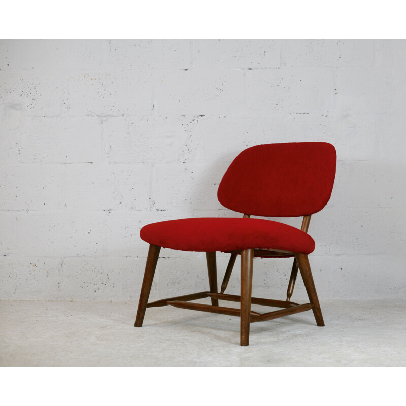 Vintage TeVe red velvet armchair by Alf Svensson for Ljungs Industrier, Sweden 1953