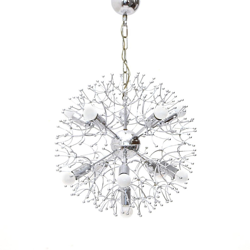 Vintage pistilli chandelier in chromed metal, Italy 1970