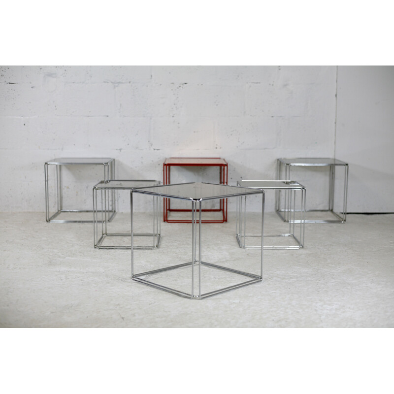 Tables gigognes vintage en acier et verre de Max Sauze, France 1970