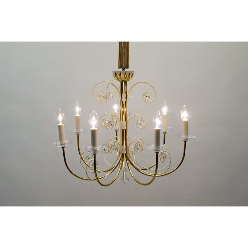 Pair of vintage 7 arms brass chandeliers by Vereinigten Werkstätten, Germany 1960