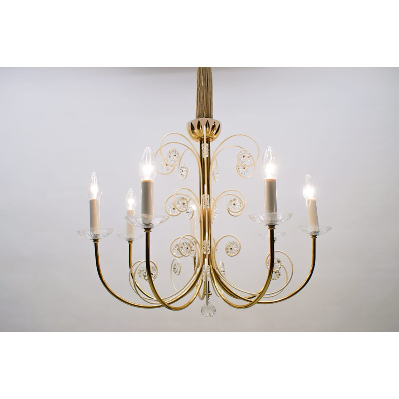 Pair of vintage 7 arms brass chandeliers by Vereinigten Werkstätten, Germany 1960