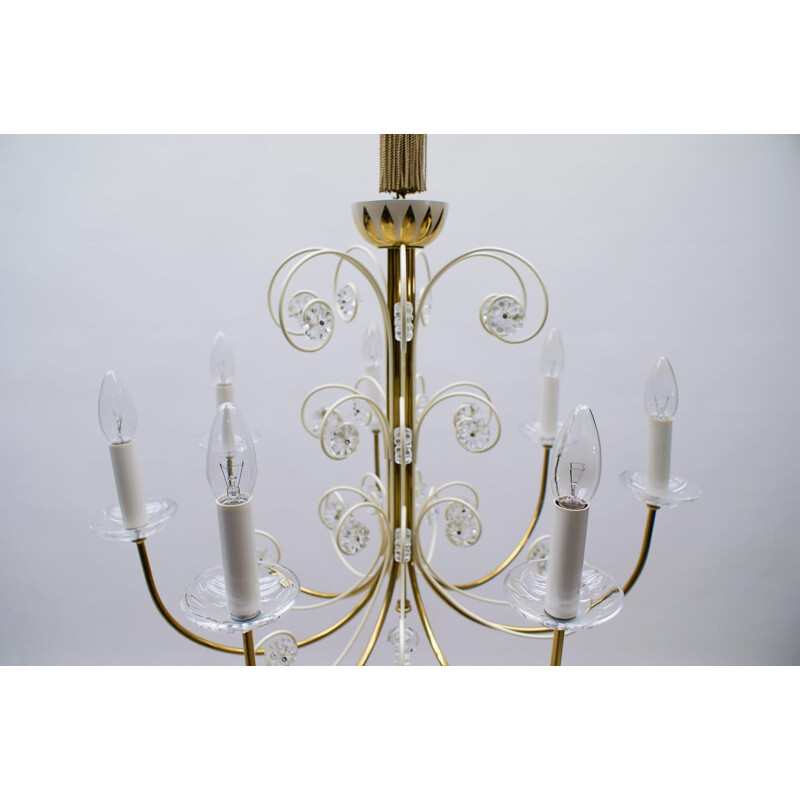 Pair of vintage 7 arms brass chandeliers by Vereinigten Werkstätten, Germany 1960