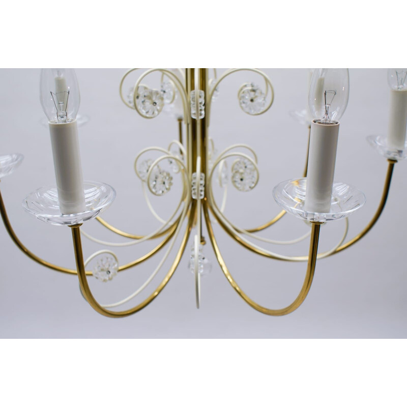 Pair of vintage 7 arms brass chandeliers by Vereinigten Werkstätten, Germany 1960