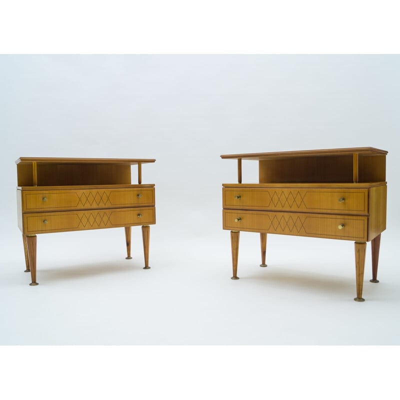 Pair of vintage brass and wood bedside tables, Italy 1950