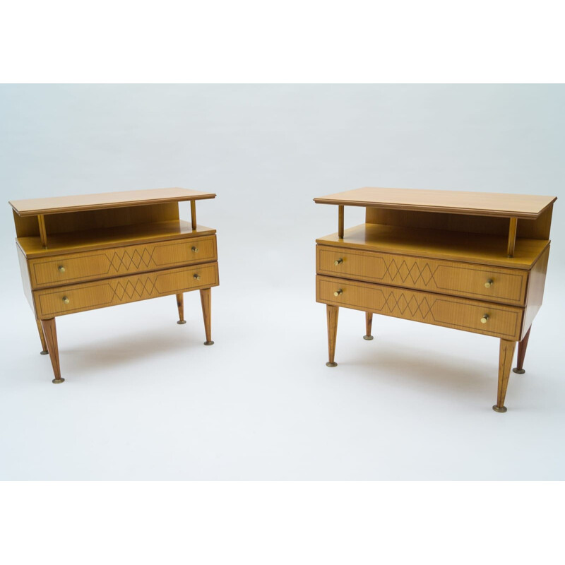 Pair of vintage brass and wood bedside tables, Italy 1950