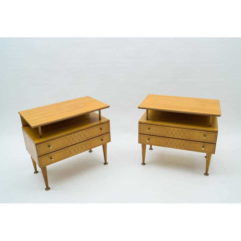 Pair of vintage brass and wood bedside tables, Italy 1950