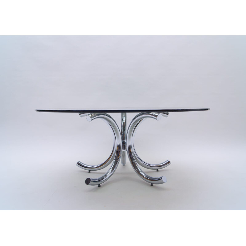 Table basse ronde vintage en chrome et verre fumé, 1970