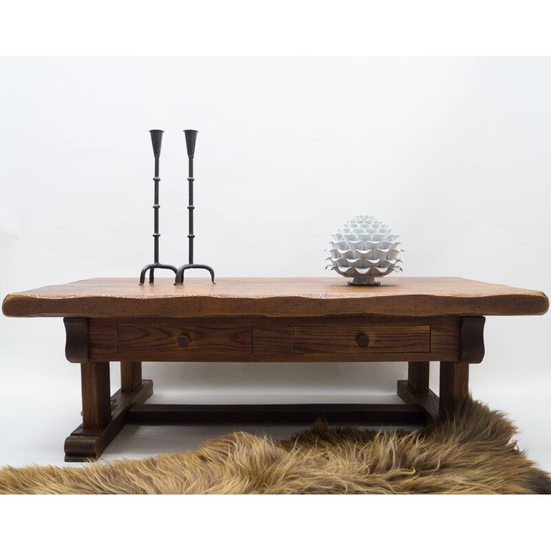 Vintage rustic oak coffee table, France 1960