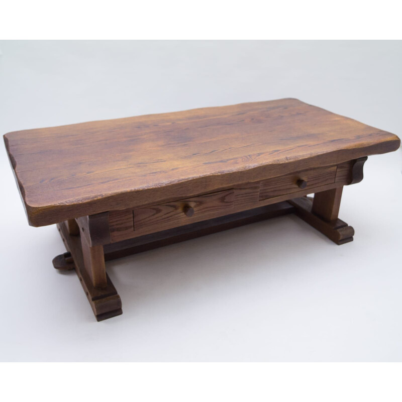 Table basse vintage rustique en bois de chêne, France 1960