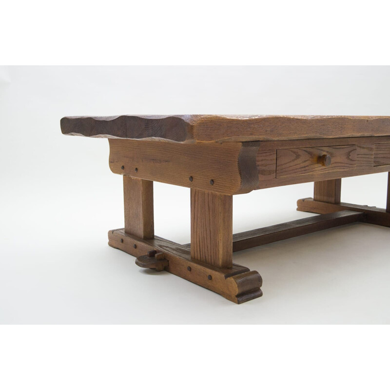 Vintage rustic oak coffee table, France 1960