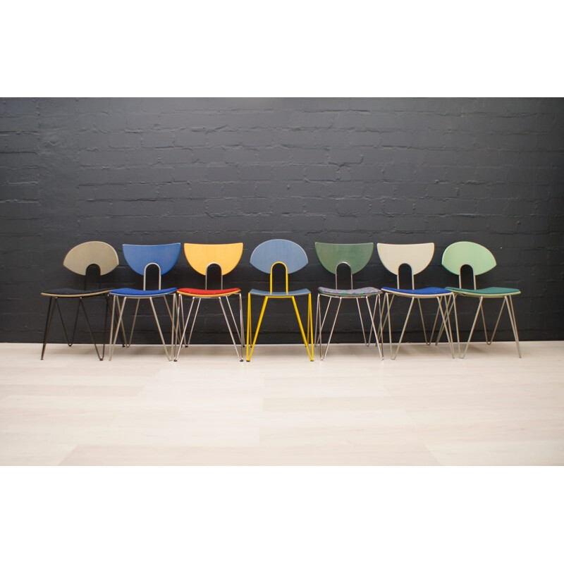 Set of 7 vintage multicolored Mikado dining chairs by Walter Leeman for Kusch + Co., 1990s