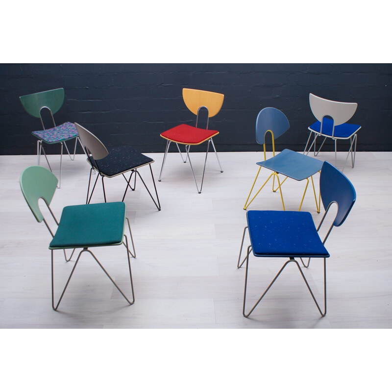 Ensemble de 7 chaises Mikado vintage multicolores par Walter Leeman pour Kusch + Co, 1990