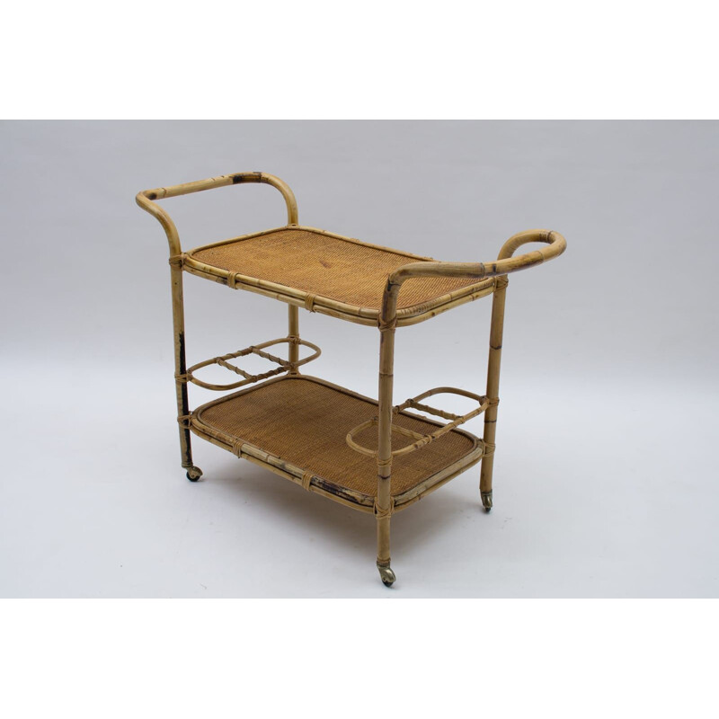 Italian vintage bamboo and rattan bar trolley, 1950s