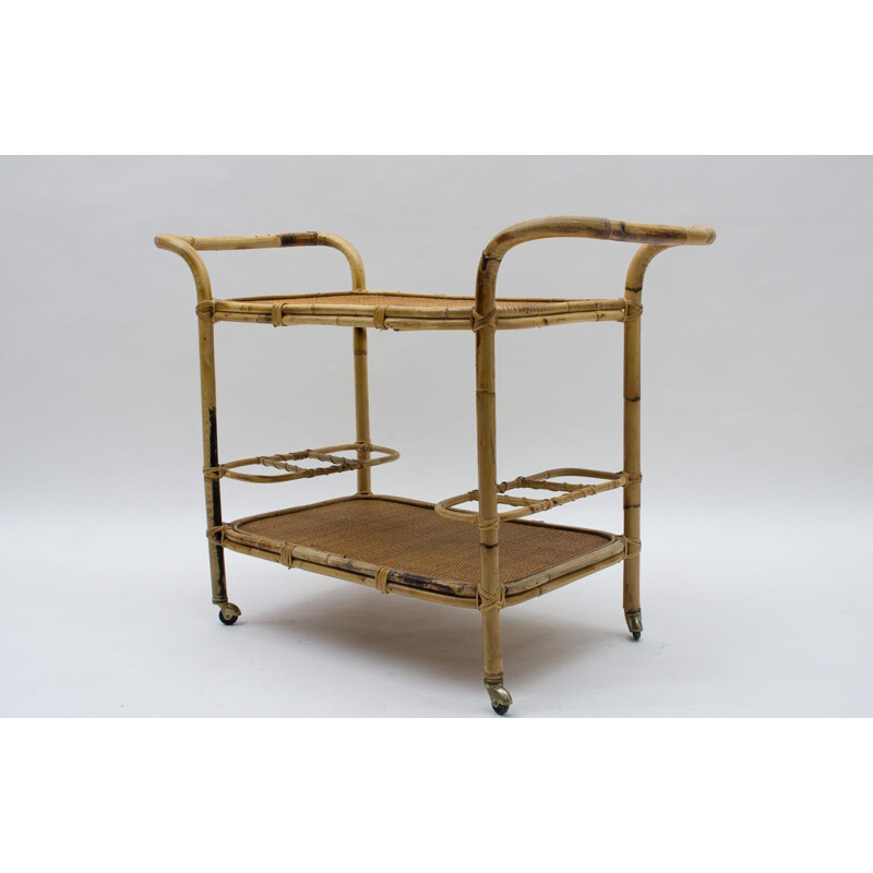 Italian vintage bamboo and rattan bar trolley, 1950s