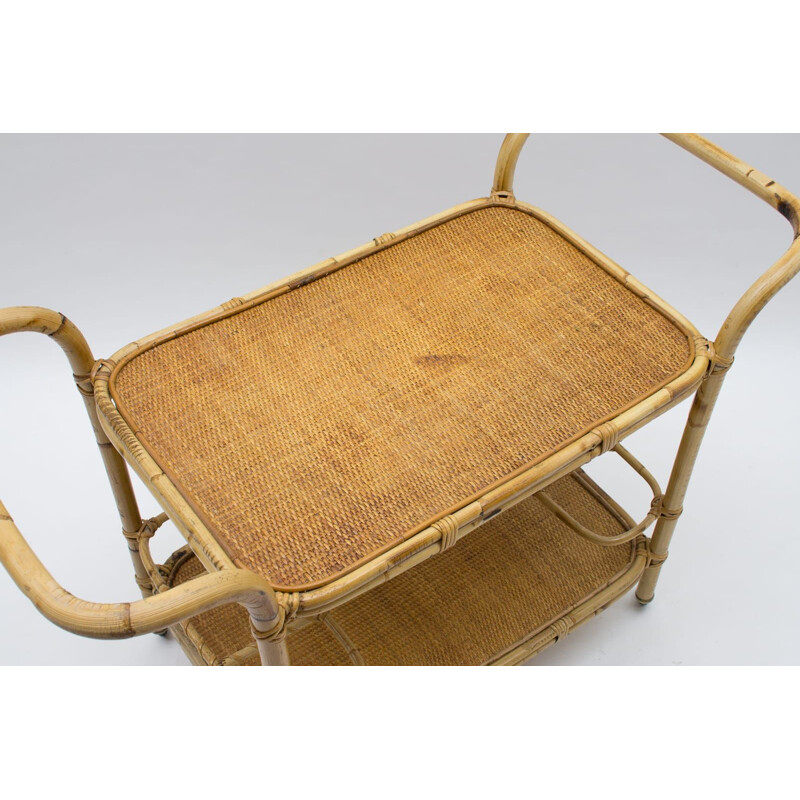 Italian vintage bamboo and rattan bar trolley, 1950s