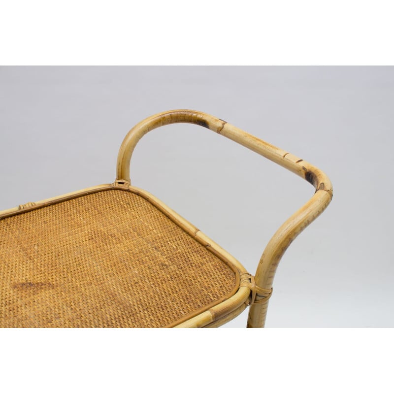 Chariot de bar italien vintage en bambou et rotin, 1950