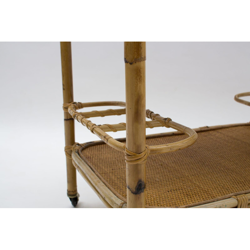 Italian vintage bamboo and rattan bar trolley, 1950s