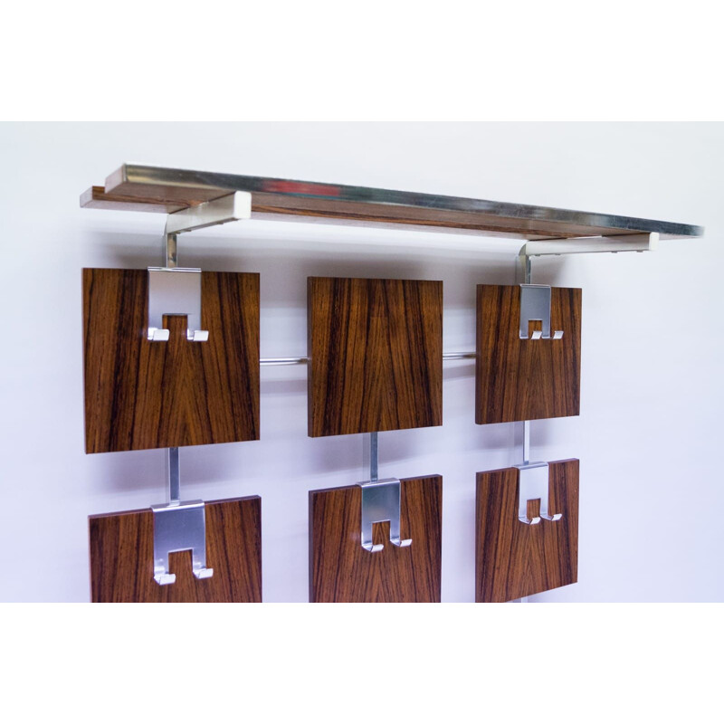 Vintage wood & chrome wall coat rack, 1970s